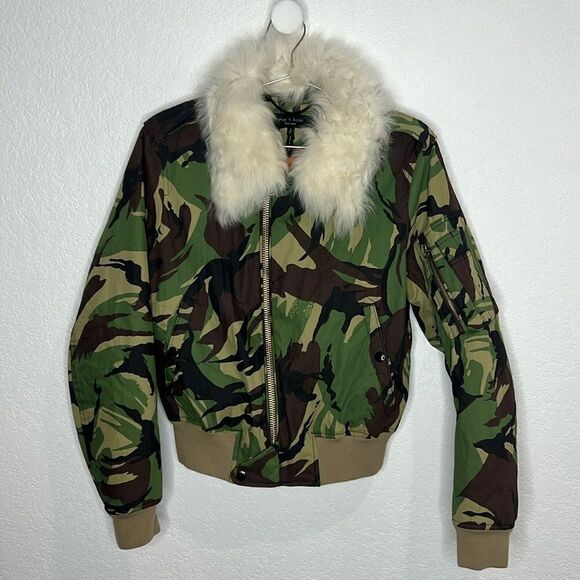 New Rag & Bone Camo Flight Jacket Bomber Shearling Collar Removable Size Small - Picture 2 of 16